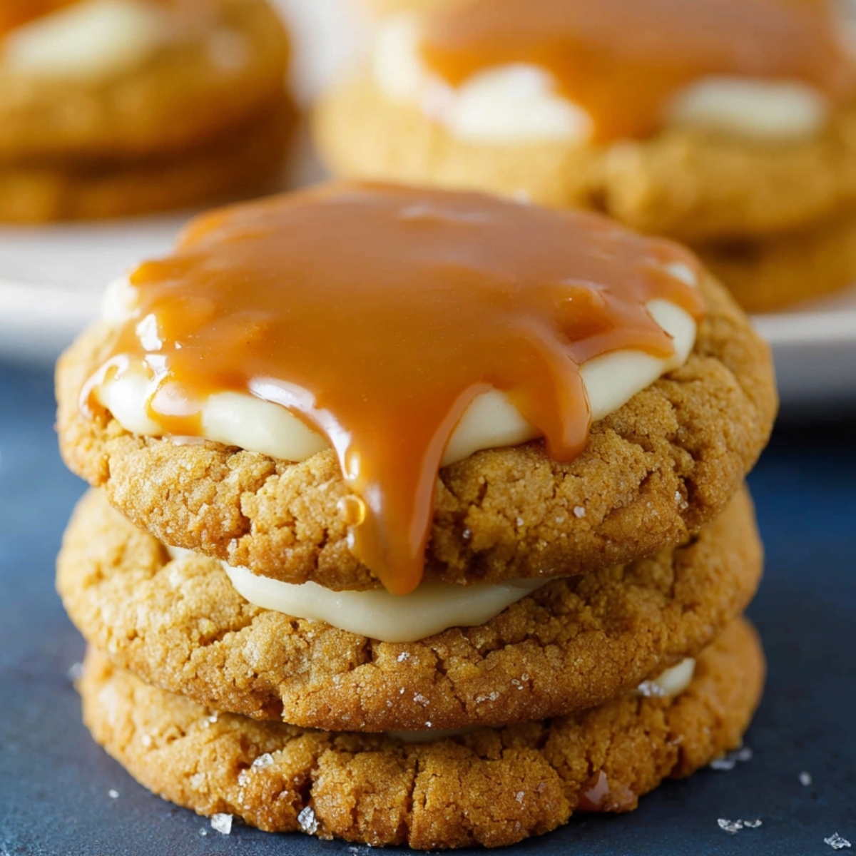 These look absolutely delicious! A stack of caramel cheesecake cookies, with the caramel drizzling over the sides. So tempting