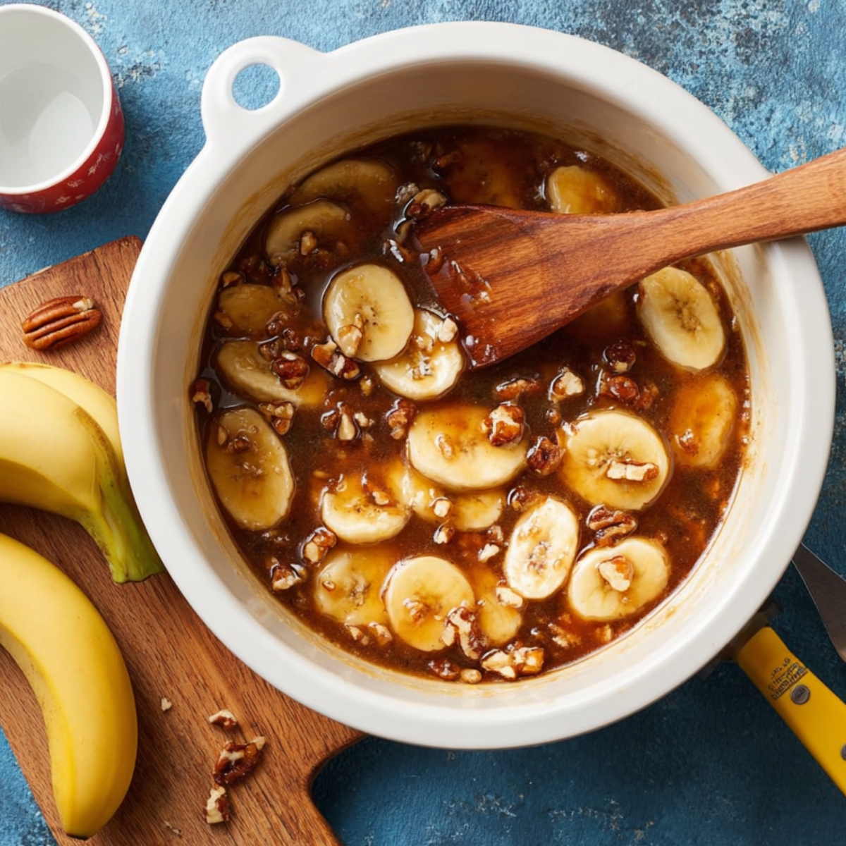 Bananas and pecans simmering in caramel sauce in a bowl.
