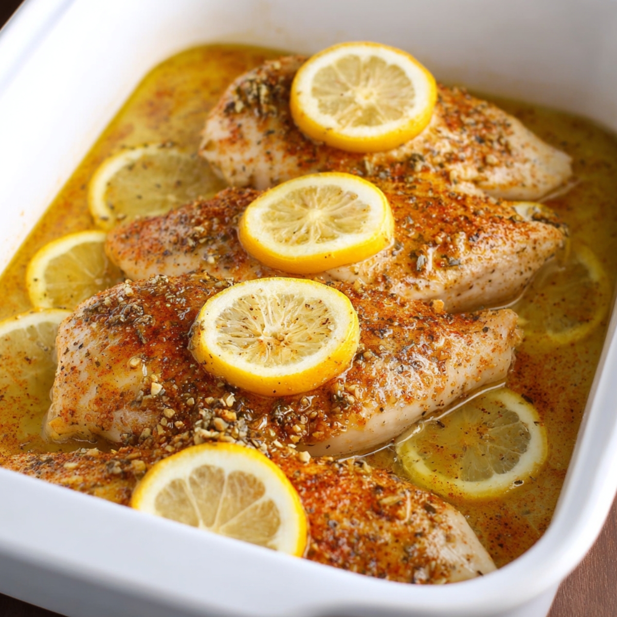 Baked chicken breasts topped with lemon slices and seasoned with spices.