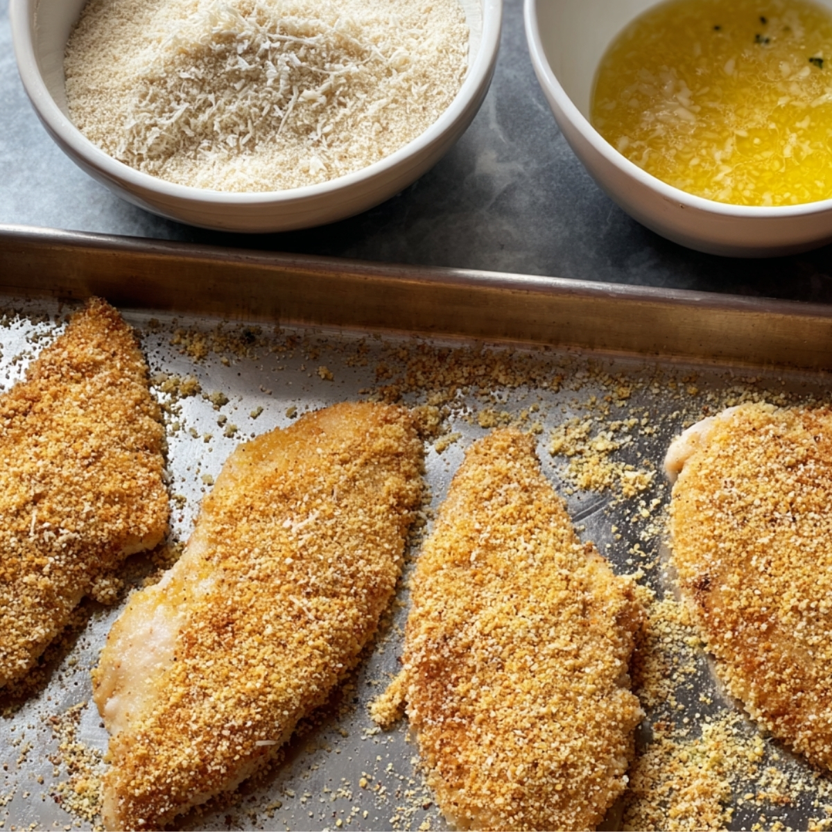 Breaded chicken cutlets on a baking sheet