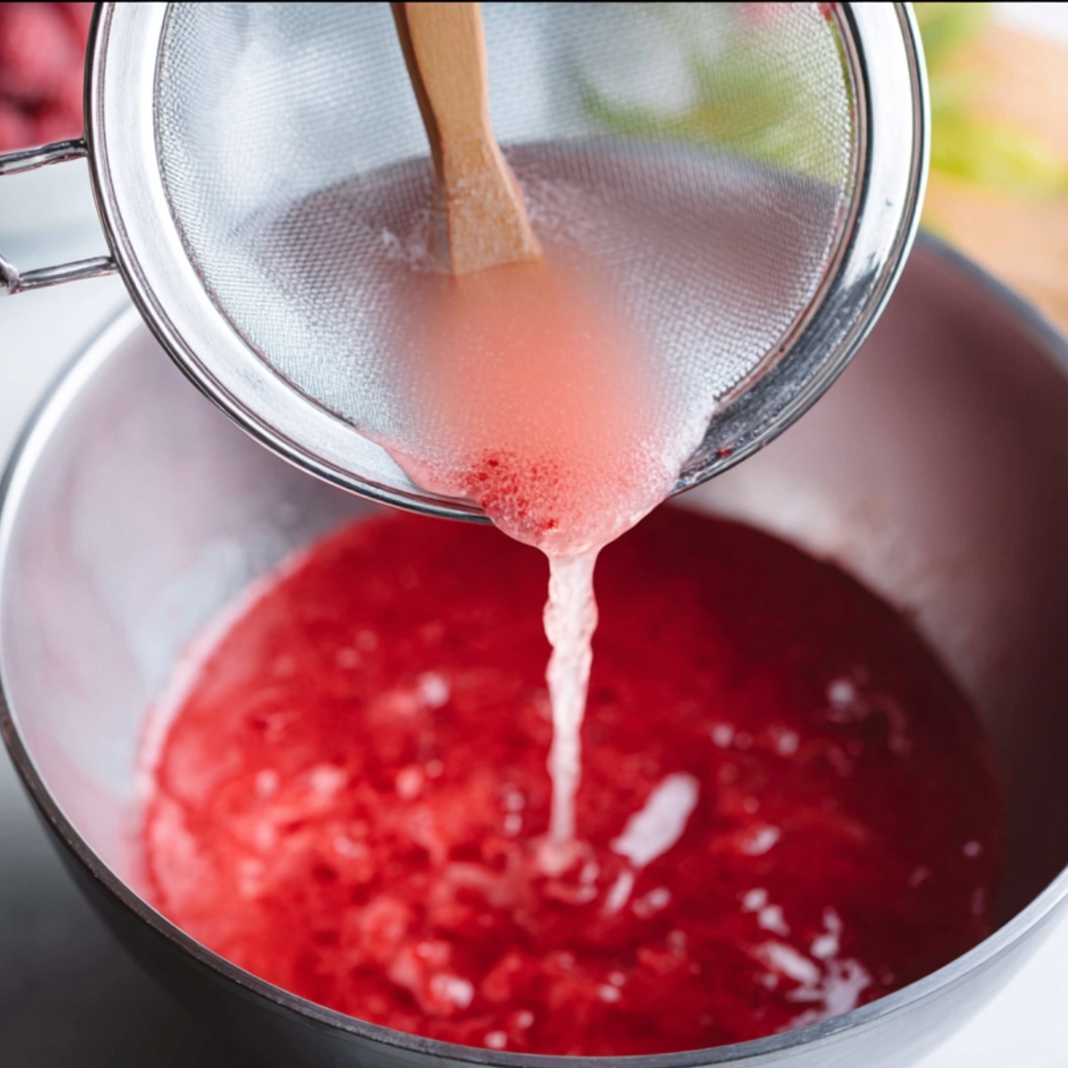 The image shows raspberry puree being strained to remove excess liquid, likely for a smoother texture in a mousse or dessert. Would you like help with the next steps or a recipe?