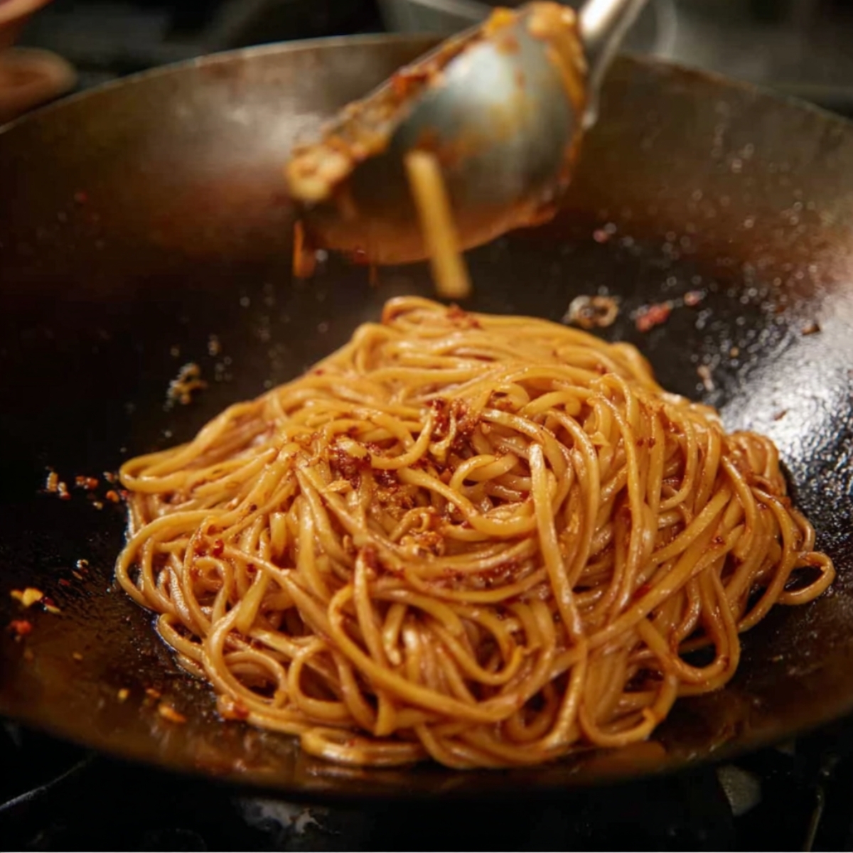 Noodles tossed with sauce in a hot pan.