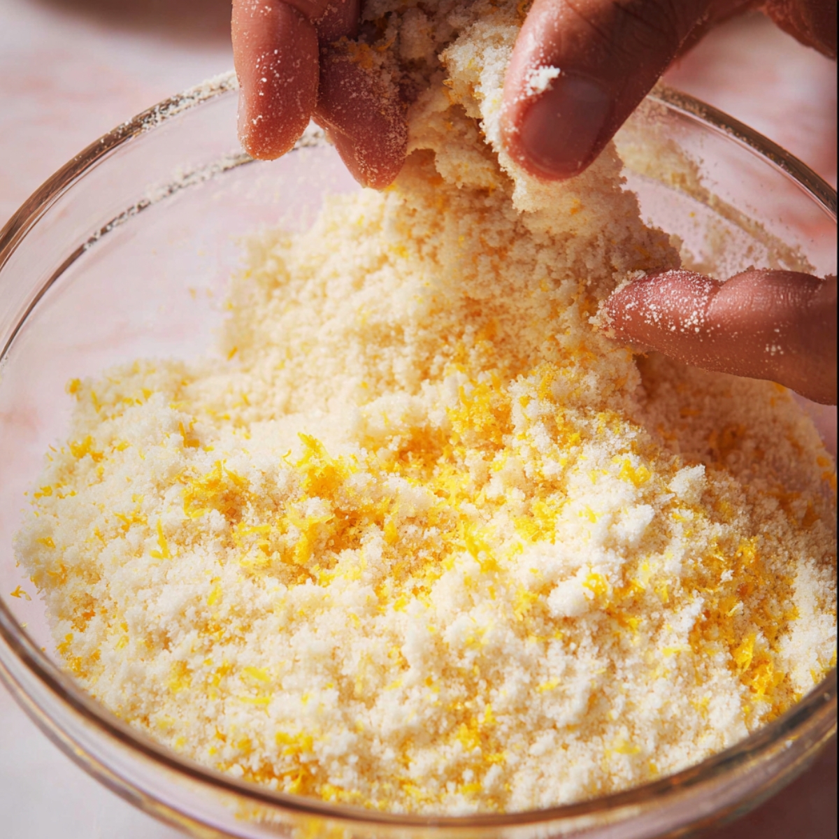Hands rubbing lemon zest into sugar in a glass bowl, releasing fragrant citrus oils.