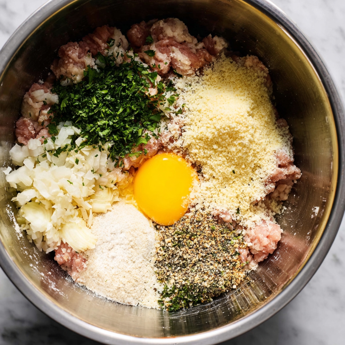 Raw ground meat in a mixing bowl with egg, breadcrumbs, chopped onion, garlic, herbs, and seasonings.