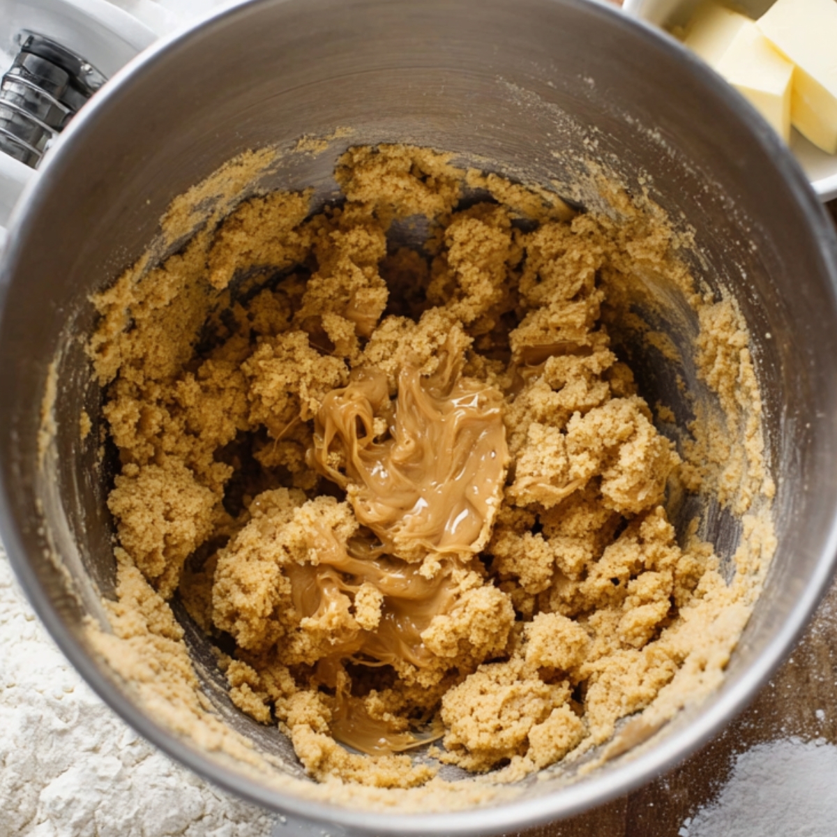 This looks like the step where the caramel is being mixed into the cookie dough! It’s all coming together to create a sweet, rich treat.
