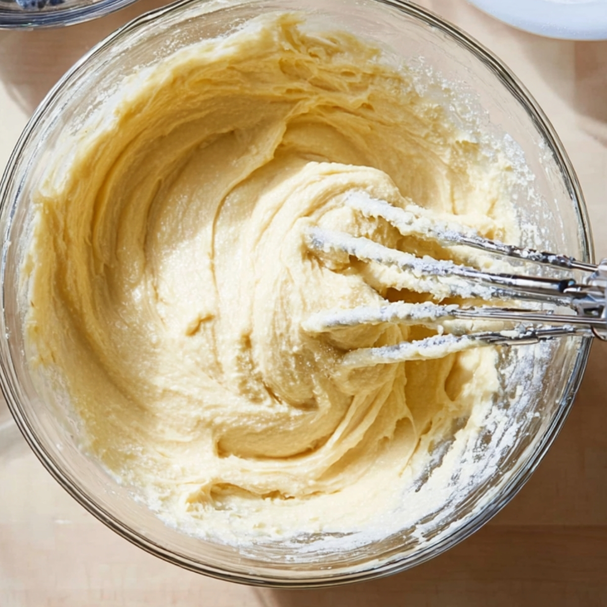 Smooth muffin batter being mixed in glass bowl