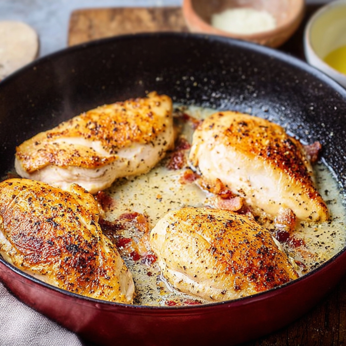 Golden-browned chicken breasts searing in a skillet with bacon drippings