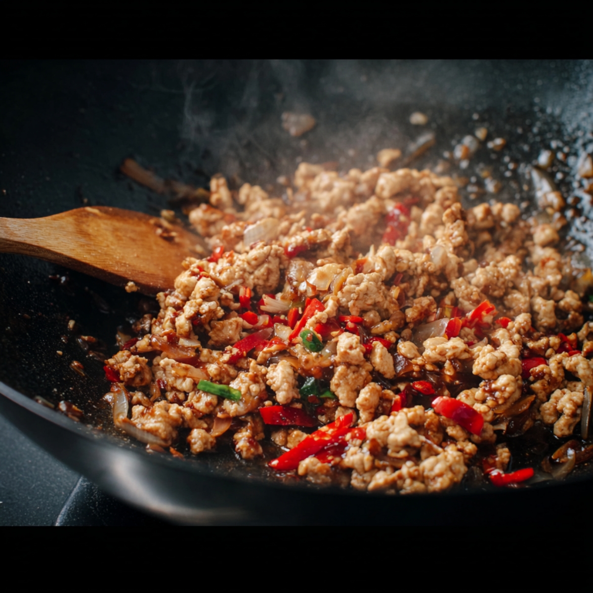 Spicy ground chicken stir-frying in a wok.