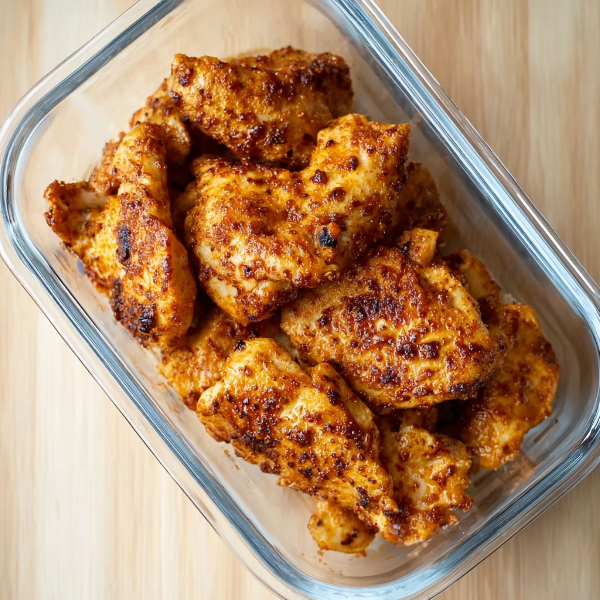 Cooked spicy chicken pieces in a glass container.