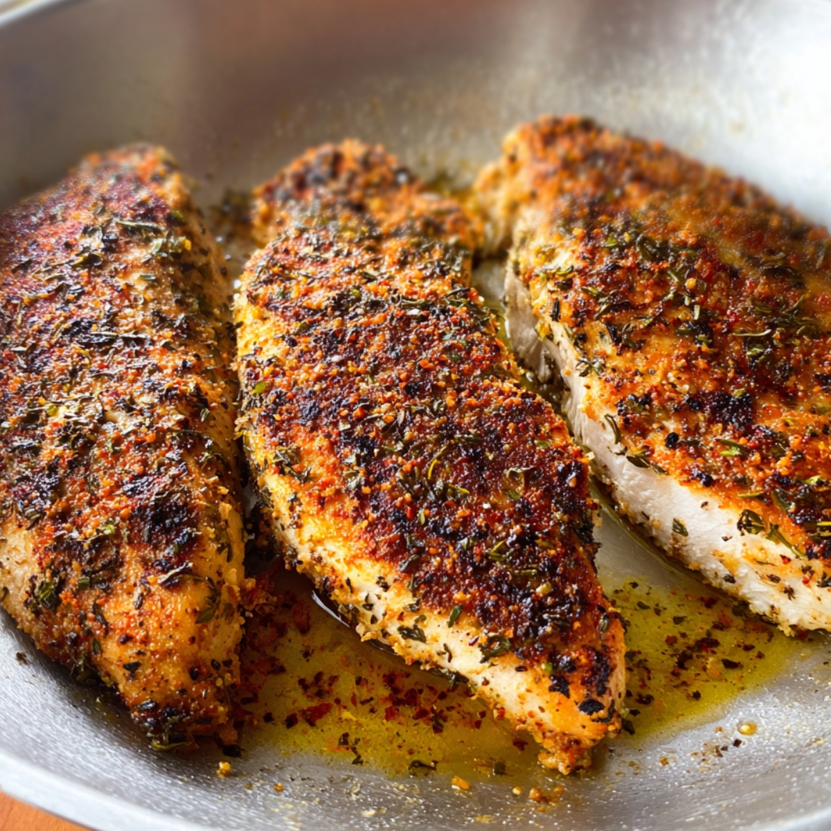 A close-up image of seasoned and pan-seared chicken breasts with a crispy, golden crust.