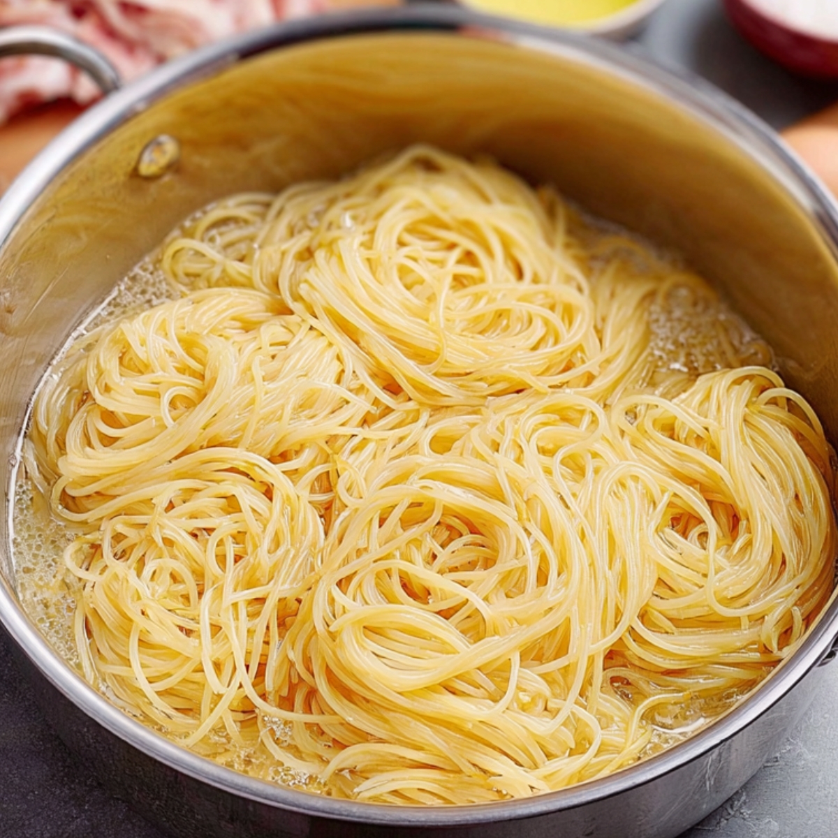 Spaghetti cooking in a pot of boiling water.