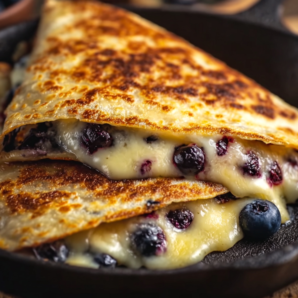 A golden-brown blueberry breakfast quesadilla with melted cheese, cooked to perfection in a skillet.