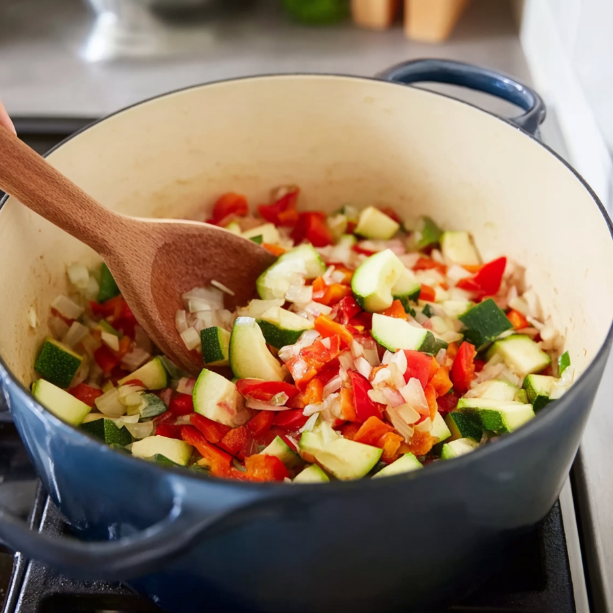Chopped vegetables sautéing in a pot with a wooden spoon.