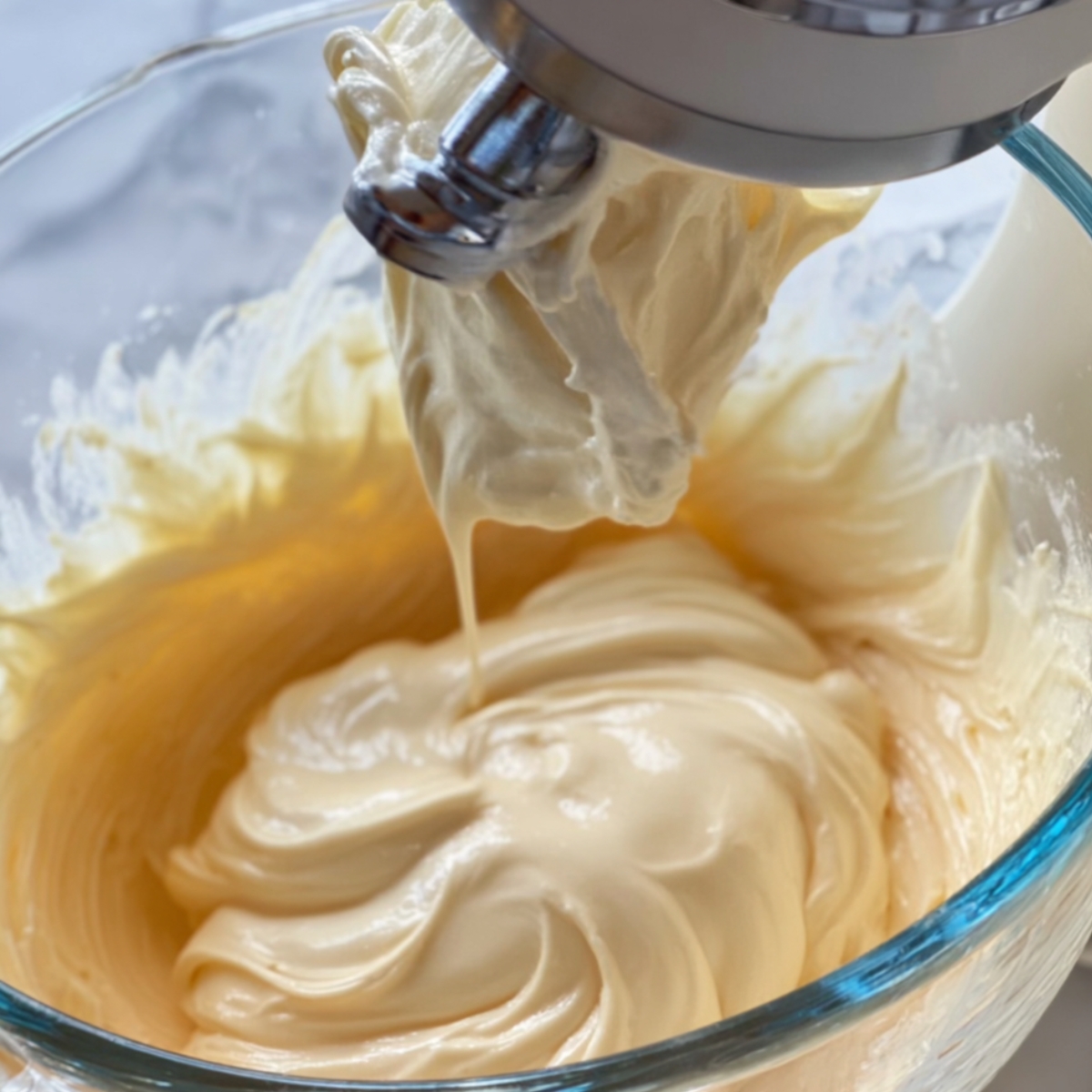 Stand mixer with paddle attachment blending creamy butter and other ingredients in a glass bowl.