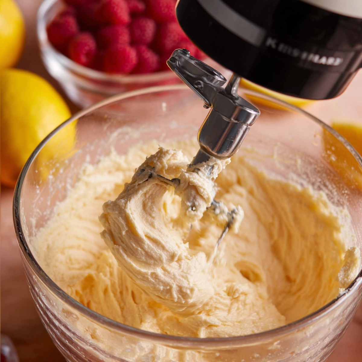 Using a mixer to cream butter in a glass bowl, surrounded by fresh raspberries and lemons.
