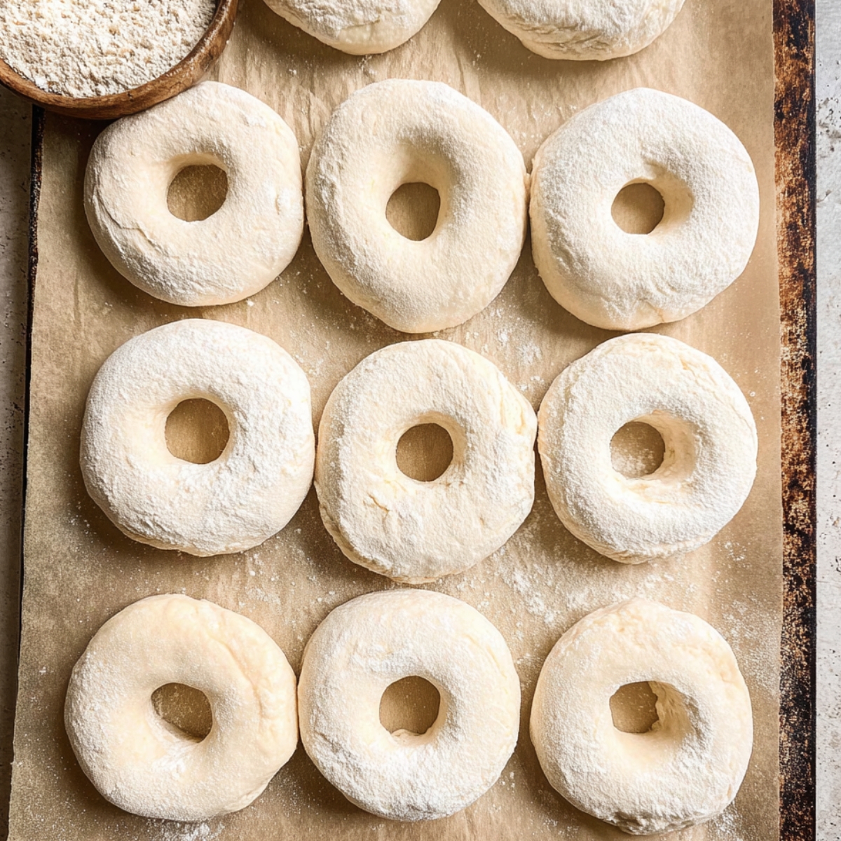 Raw donut dough rings dusted with flour on a baking tray.
