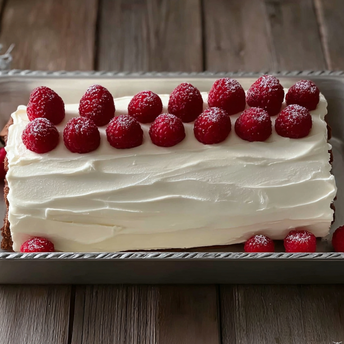 A Yule log cake decorated with raspberries and powdered sugar.