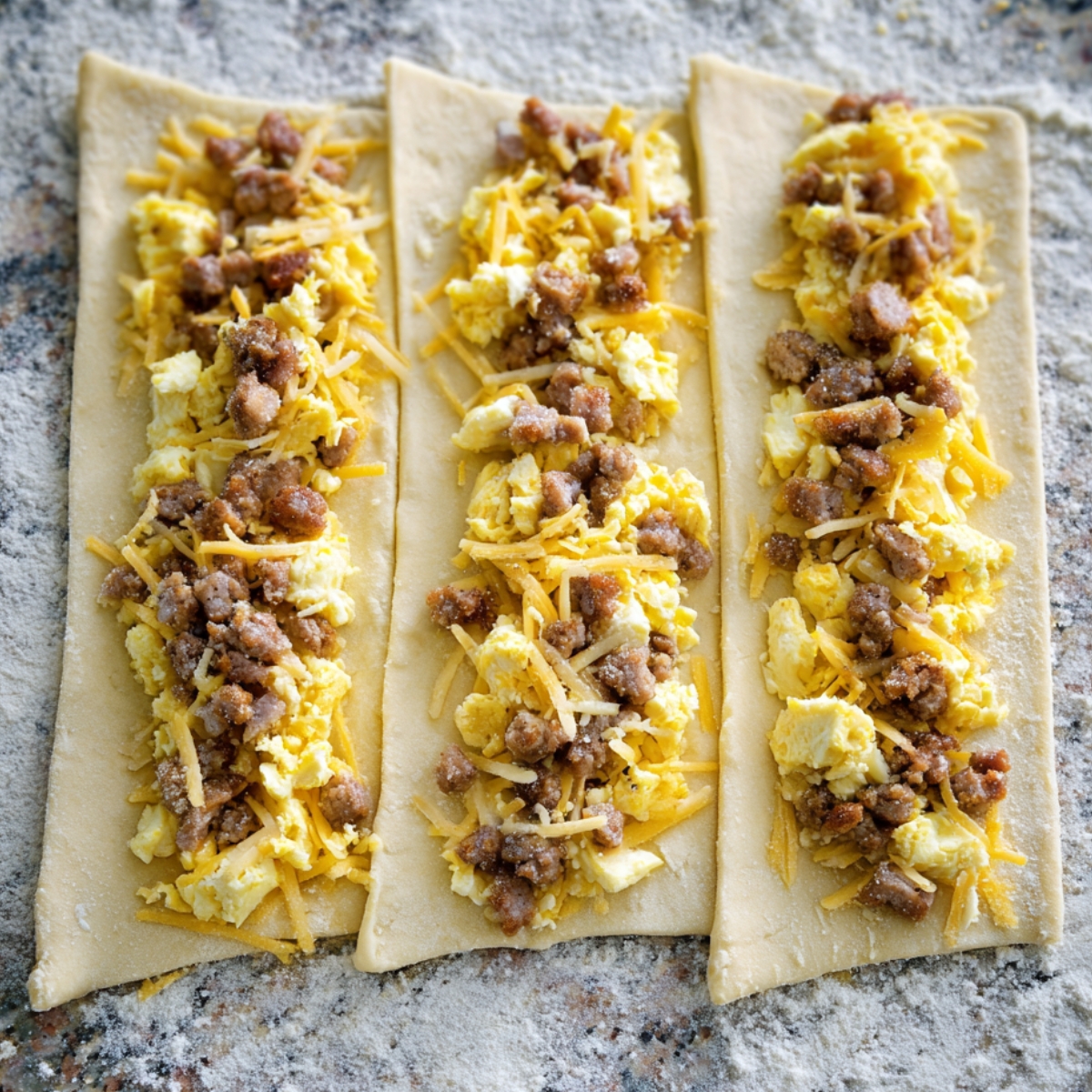 Dough strips filled with scrambled eggs, sausage, and shredded cheese.