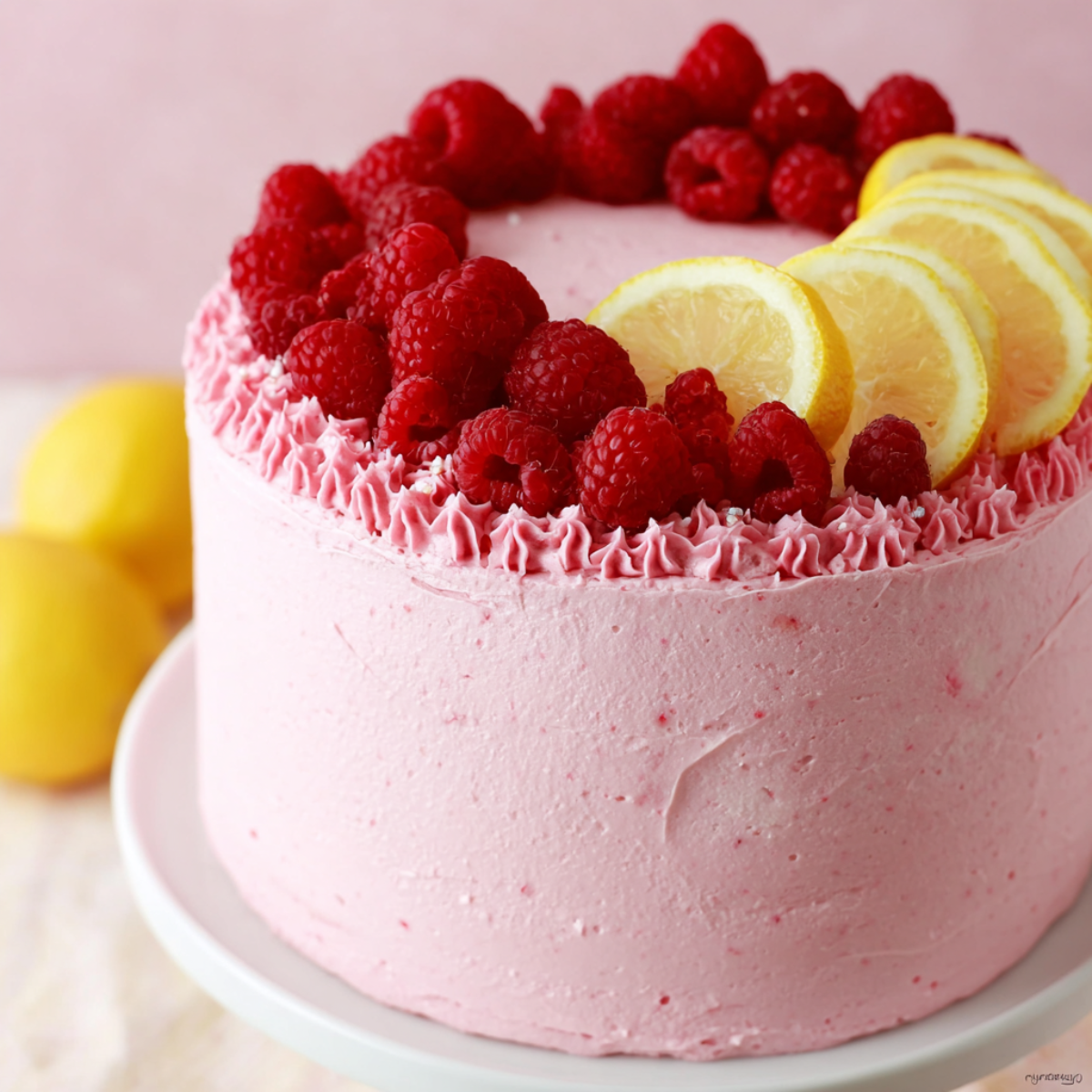 A decorated raspberry lemon cake with pink frosting, topped with fresh raspberries and lemon slices.