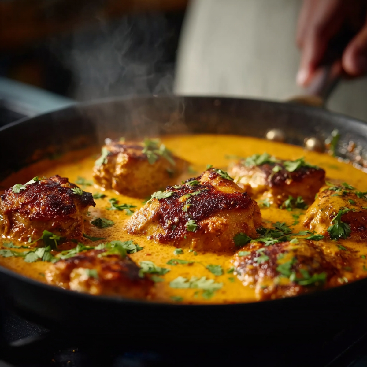 Chicken simmering in a creamy amarillo sauce.