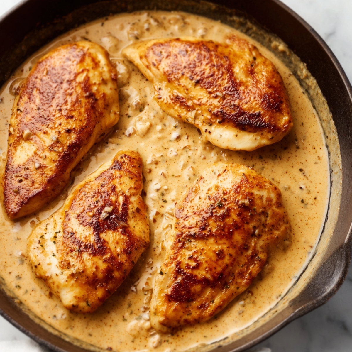 Smothered chicken breasts simmering in creamy onion gravy.
