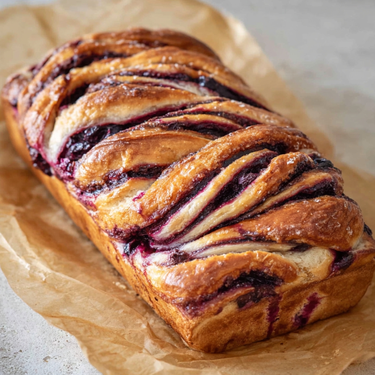 Freshly baked berry-filled babka loaf with golden, twisted layers, resting on parchment paper.