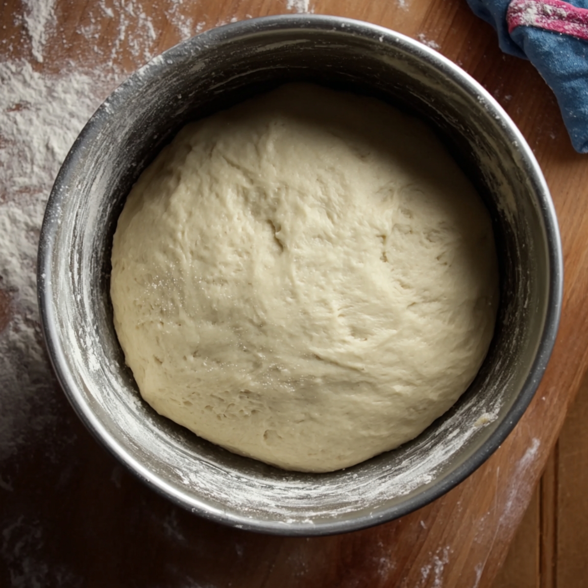 The image shows dough that has risen and is resting in a bowl, with flour scattered around it.