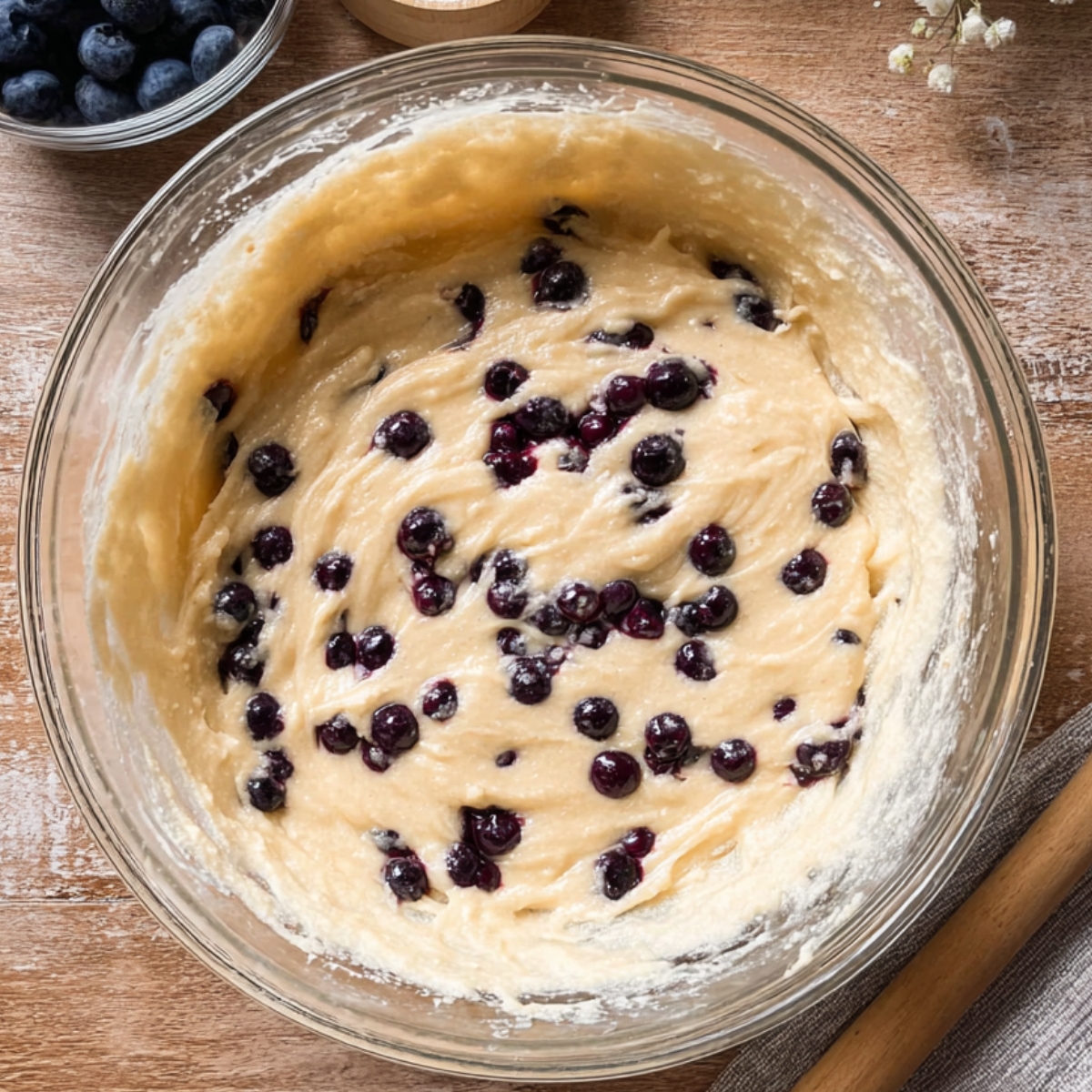The batter is now mixed, with the blueberries evenly folded in, adding beautiful pops of color. The texture looks soft and ready for the donut pan. Would you like to continue with the next steps, like filling the pan or baking