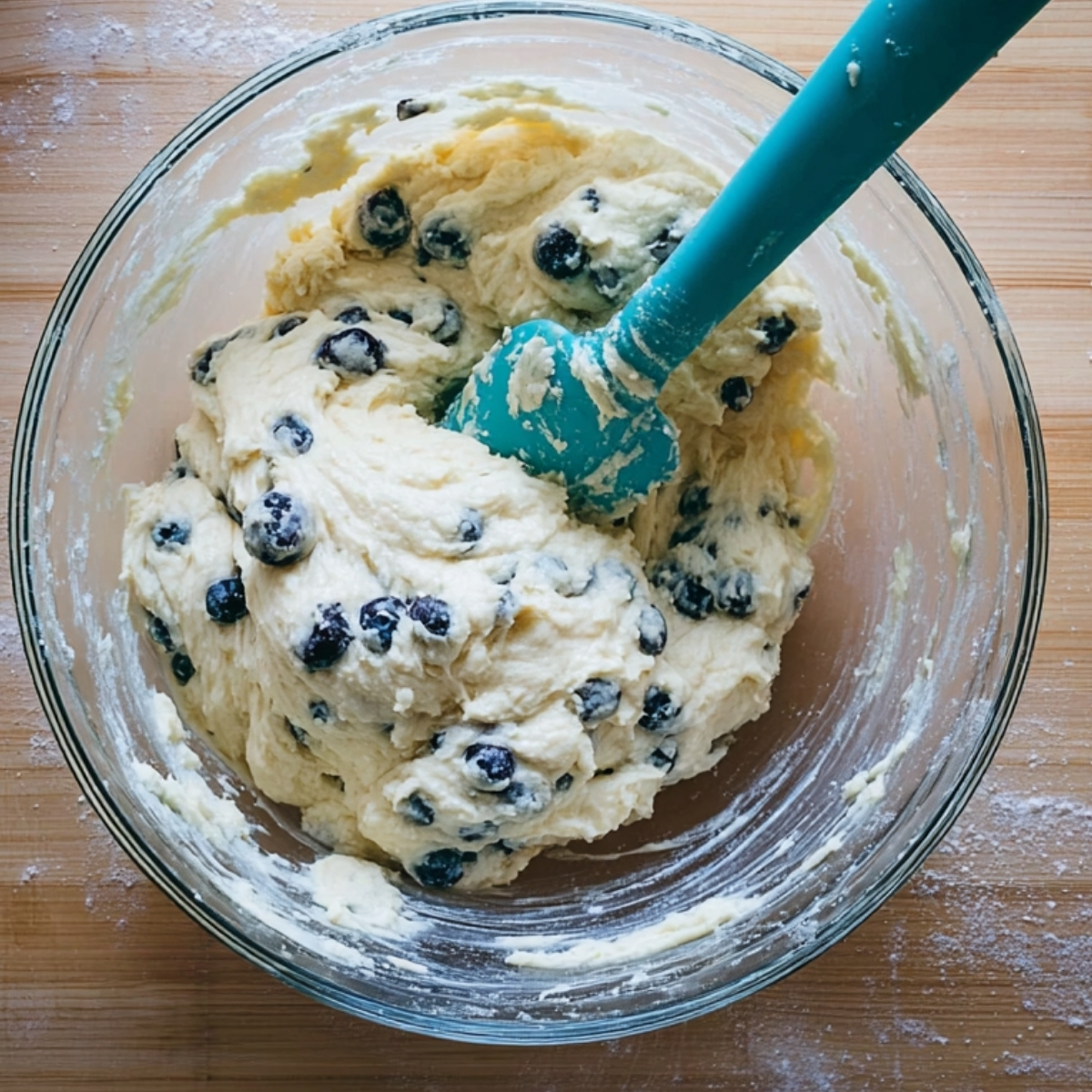 Blueberries folded into muffin batter in mixing bowl