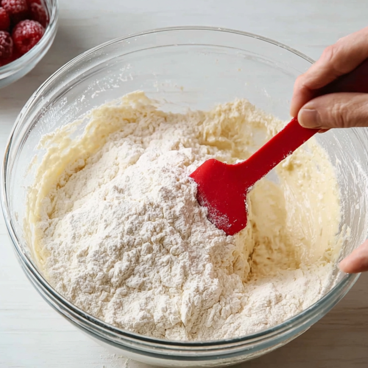 Folding flour into a cake batter with a red spatula.