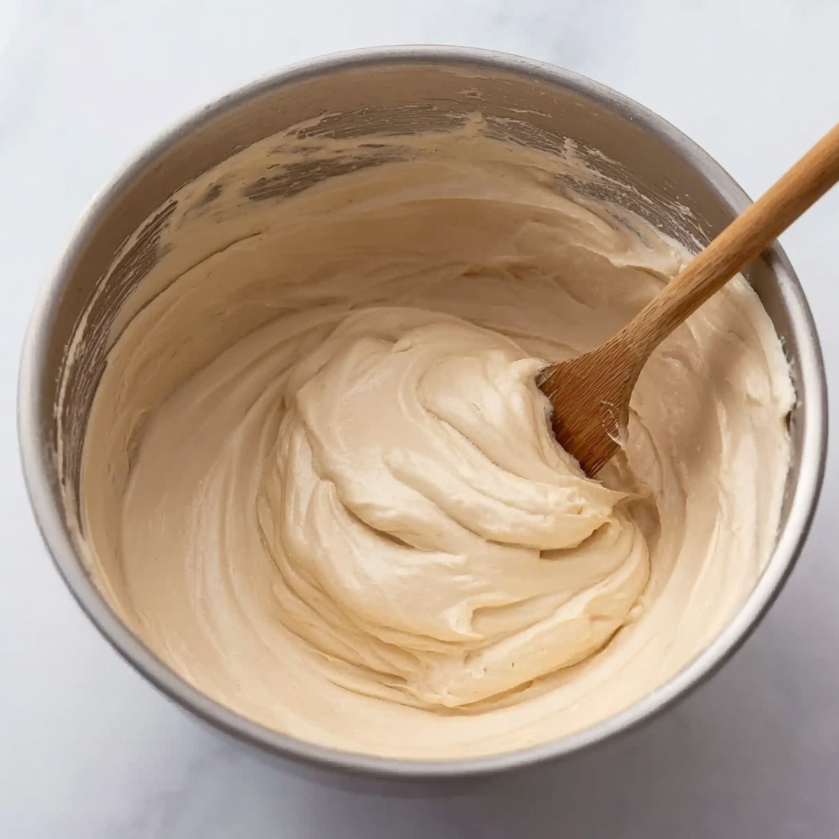 A bowl of smooth, fluffy mixture with whipped cream, being stirred with a wooden spoon.