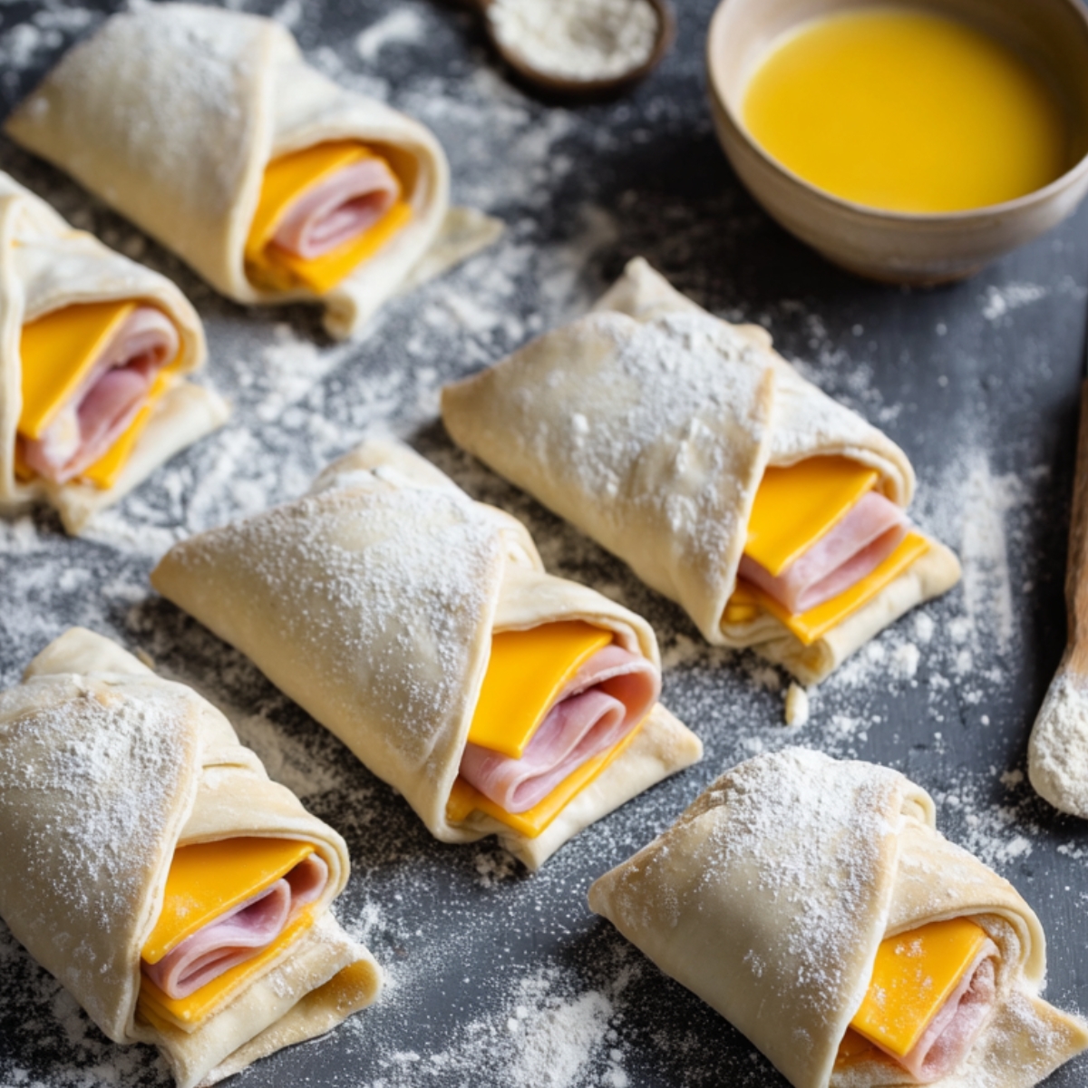 Ham and cheese-filled pastry pockets, folded and ready for baking, with a bowl of melted butter nearby.