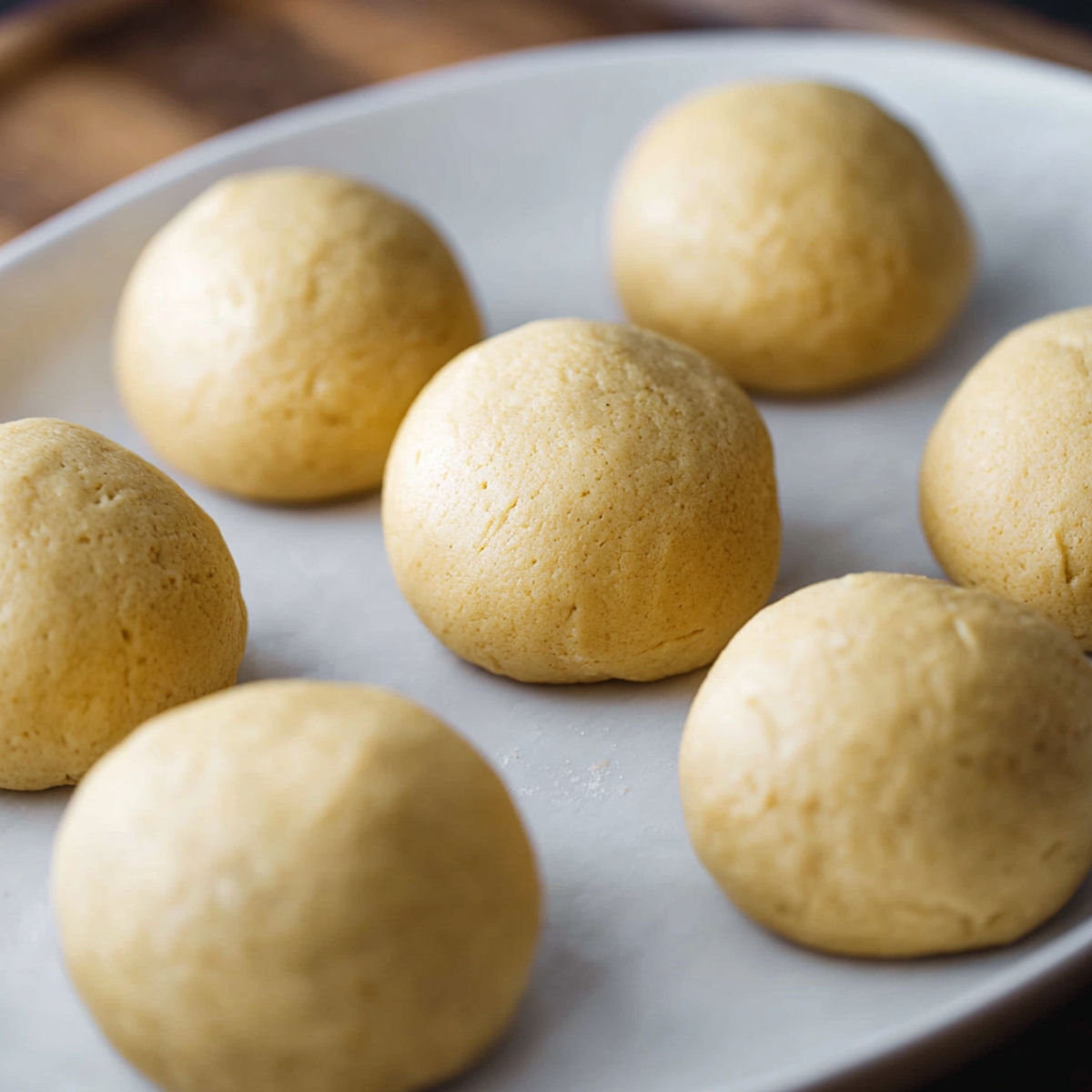 Here are the perfectly shaped cookie dough balls, ready for baking! They look smooth and ready to turn into delicious caramel cheesecake cookies.