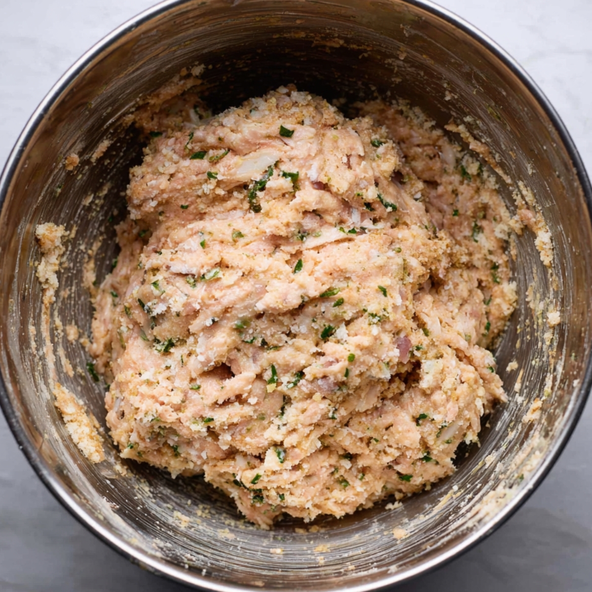 Mixed seasoned ground meat fully combined in a metal bowl.
