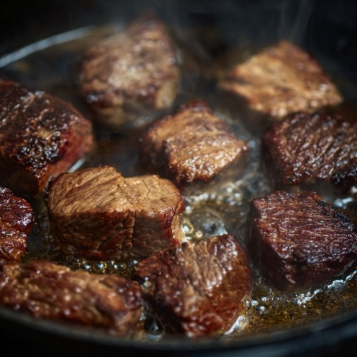 Beef cubes browning in hot oil