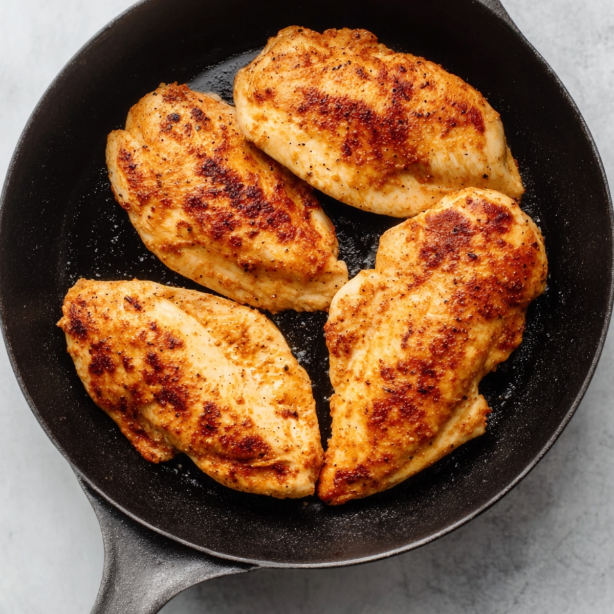 Golden-browned chicken breasts searing in a skillet.