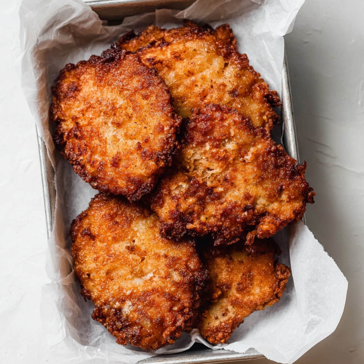 Crispy fried chicken cutlets on parchment paper