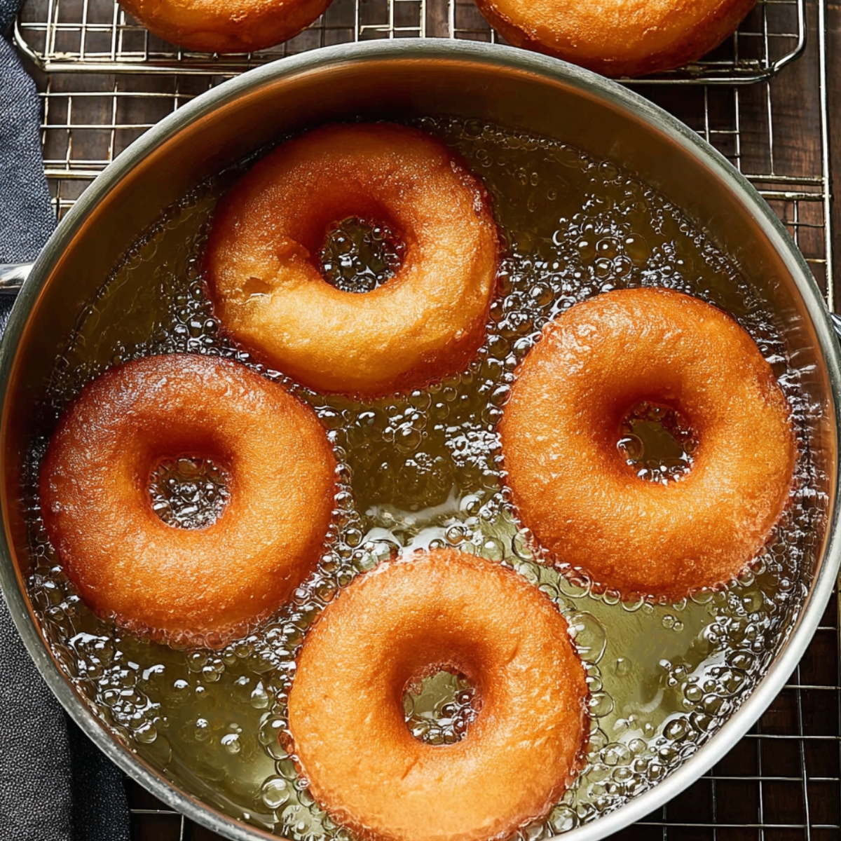 Donuts frying in hot oil until golden brown.