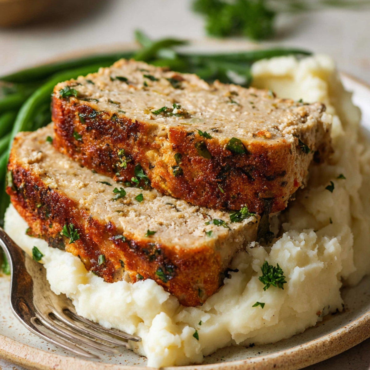 Sliced _Garlic Parmesan Chicken Meatloaf served over mashed potatoes with green beans.