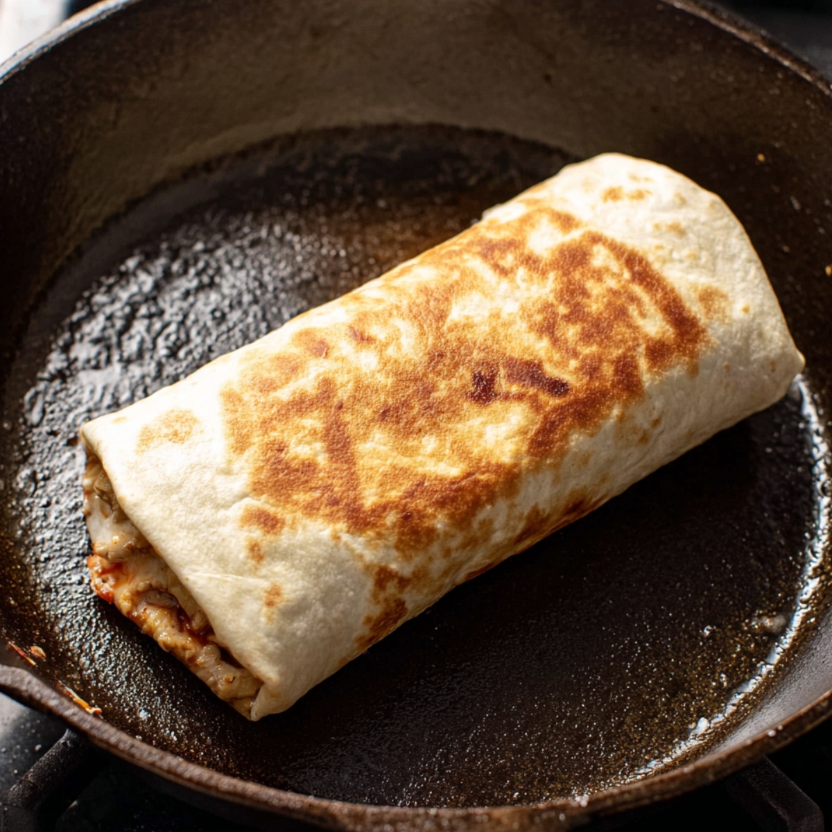 A grilled burrito cooking in a skillet, with a crispy golden-brown exterior.