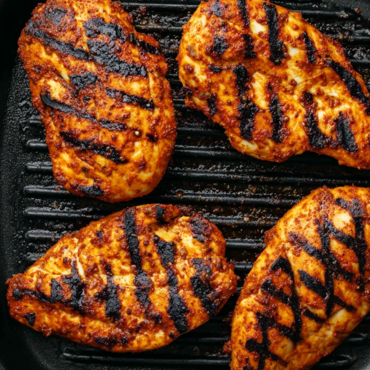 Grilled marinated chicken with charred grill marks.