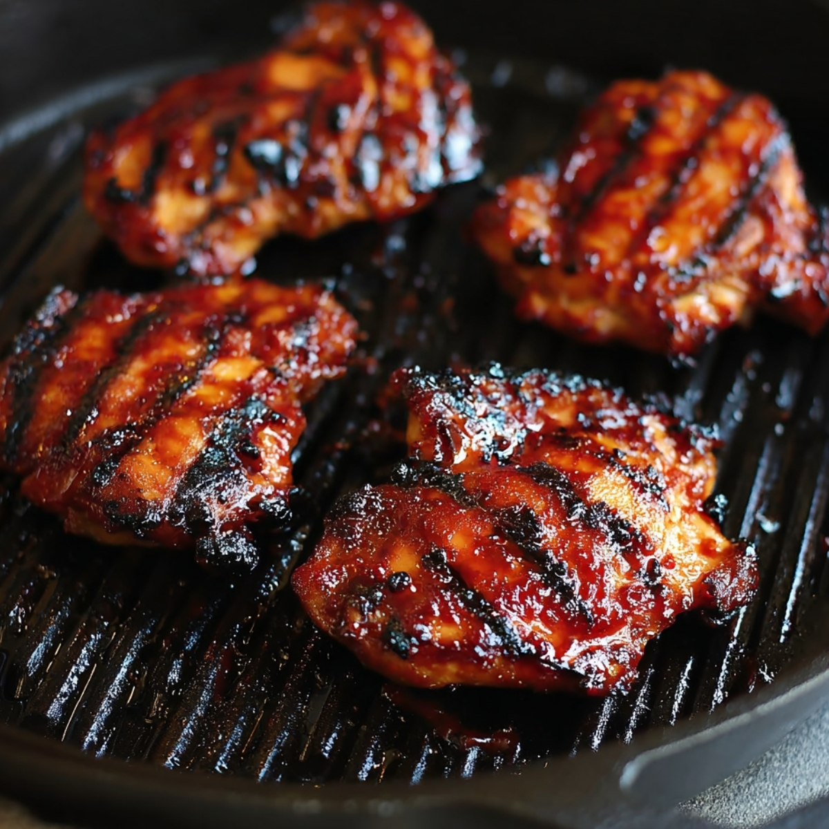 Charred, glazed chicken pieces grilling in a ridged pan.