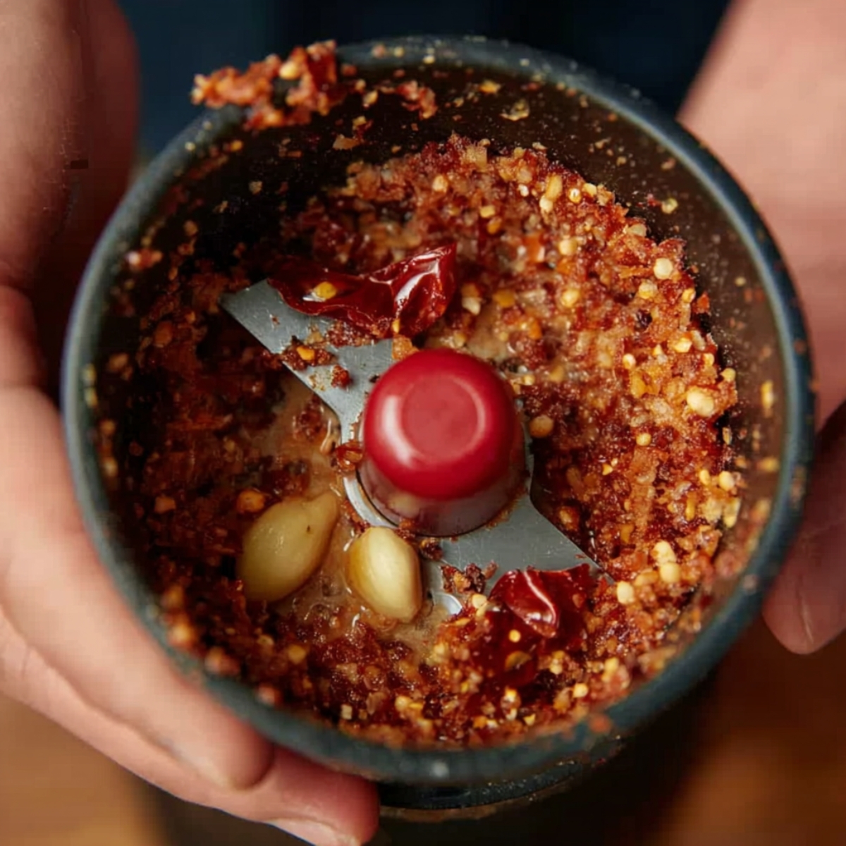 Chilies and garlic ground into a coarse paste in a food processor.