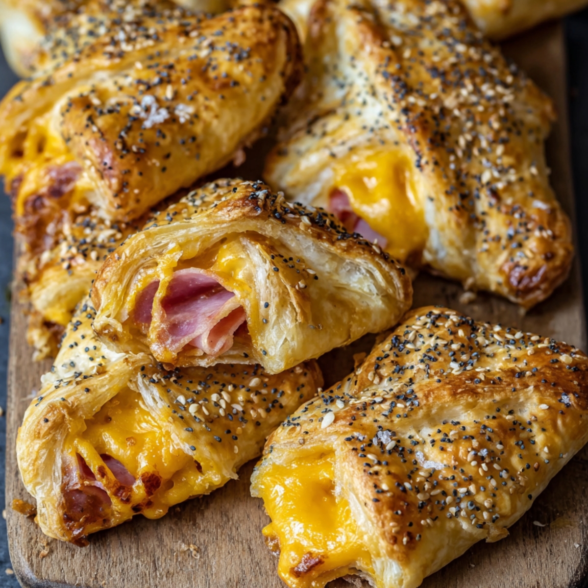 Ham and Cheese Puff Pastry sprinkled with poppy seeds, golden and flaky.