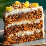 Slice of Hawaiian carrot pineapple cake with cream cheese frosting and orange zest