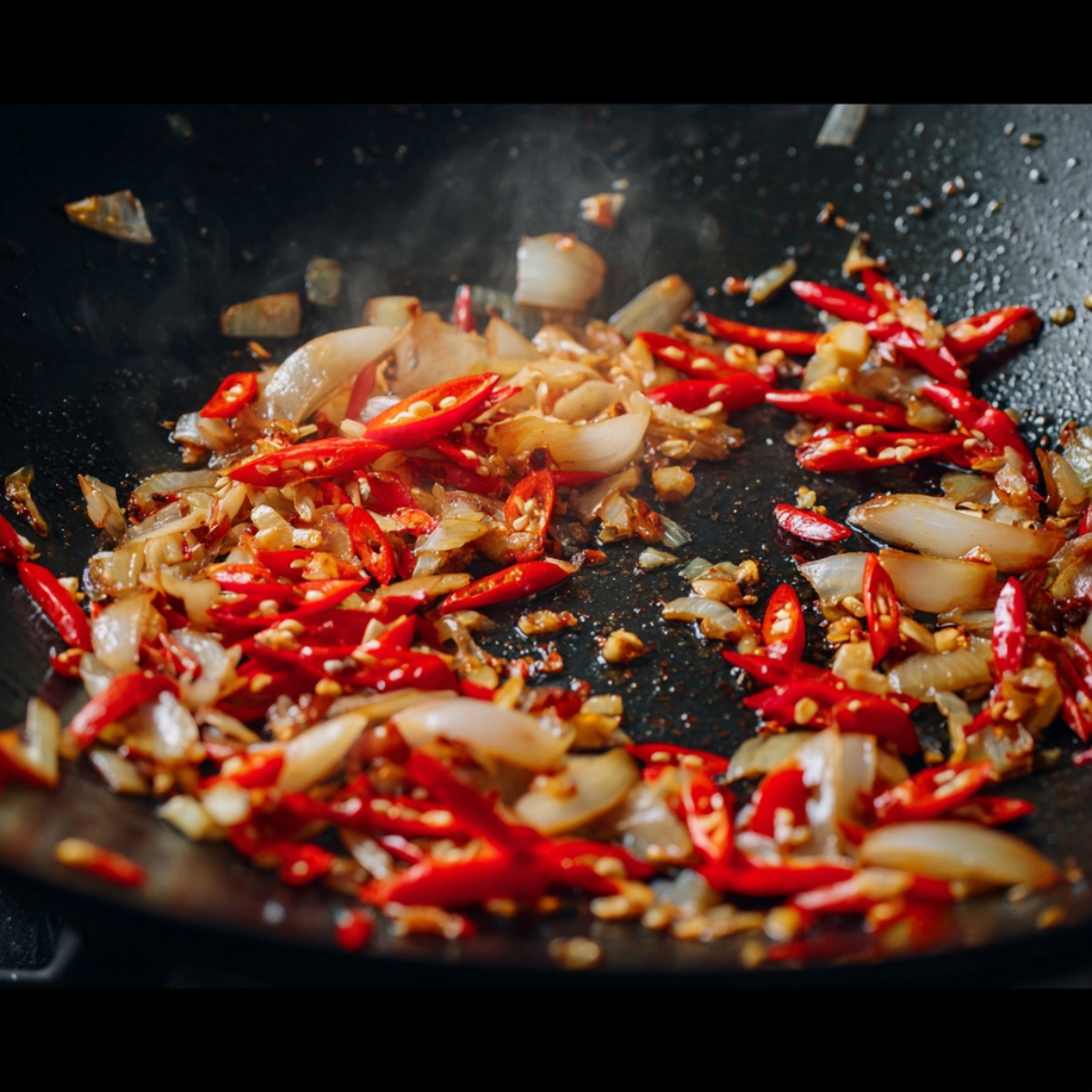 Sautéed chilies and onions in a hot pan.