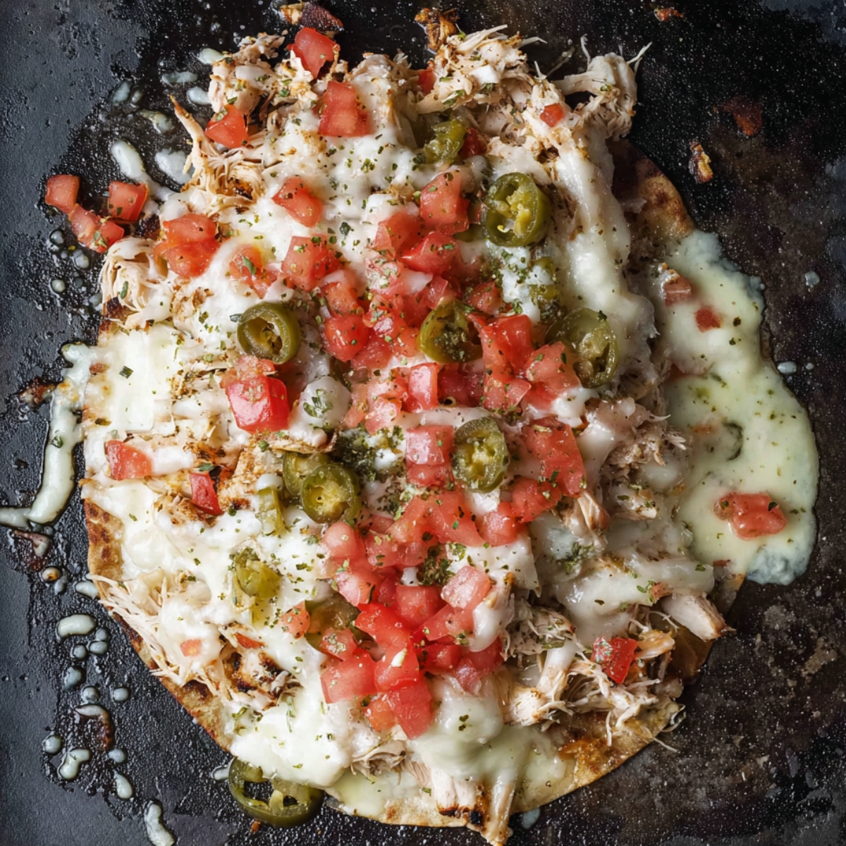 Cheesy shredded chicken quesadilla with jalapeños and tomatoes