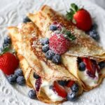 Two delicious Homemade Crepes filled with berries and cream, topped with powdered sugar.