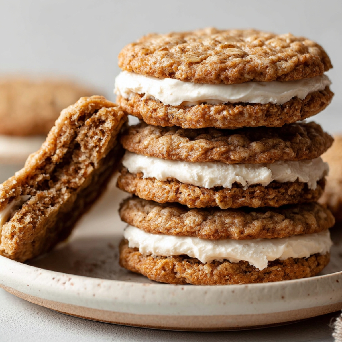 Homemade Oatmeal Cream Pies stacked on a plate.