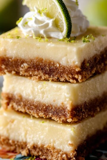 Stacked Key Lime Pie Bars with whipped cream.